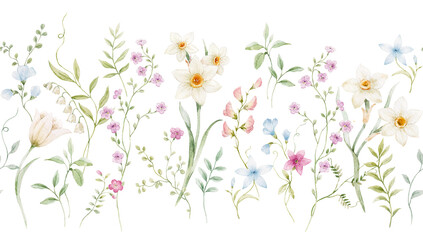 Seamless horizontal watercolor floral border pattern with delicate spring flowers and greenery. Hand painted botanical design arranged as a continuous floral border, perfect for wallpaper, fabric © Zenina-Lembrik