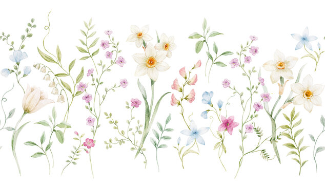 Seamless horizontal watercolor floral border pattern with delicate spring flowers and greenery. Hand painted botanical design arranged as a continuous floral border, perfect for wallpaper, fabric