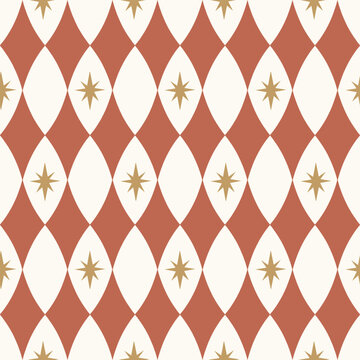 Seamless harlequin red diamond pattern in vintage circus style with playful geometric shapes and star elements. Retro background inspired by carnival and party themes, perfect for baby nursery decor