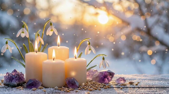 Lit candles and snowdrop flowers with amethyst crystals on a wooden surface in a snowy winter scene at sunset. Imbolc altar with glowing candles. Spring time.
