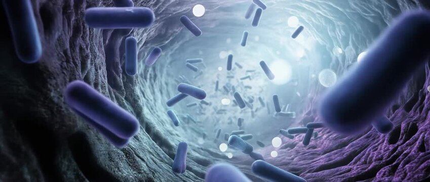 Rod-shaped bacteria (bacilli) floating in a dark microscopic environment. Biotechnology, in modern high-tech aesthetics.