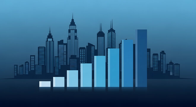 Business growth vector, rising graph in front of city skyline