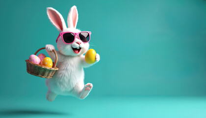 Funny white bunny with pink sunglasses jumps holding basket with colorful eggs. Easter celebration cartoon character hops with egg on turquoise background, copy space. Happy spring holiday fun.