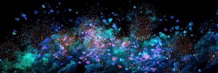 Fototapeta premium Vibrant neon butterflies and colorful sparks over dark clouds