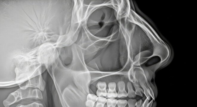 X-ray image of human skull and nose.