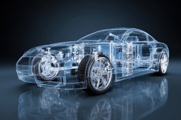 Naklejka premium Futuristic transparent car model showcasing internal mechanics