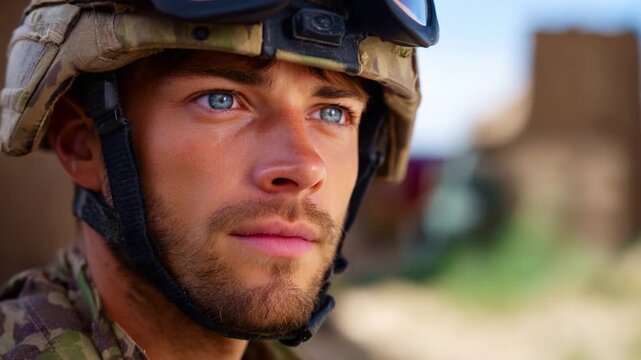 Courageous Soldier in Military Gear Showcases Determination and Resolve with Piercing Blue Eyes Against a Background of a Military Environment