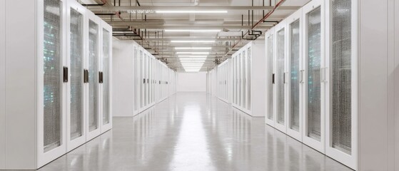 Fototapeta premium Modern data center hallway with symmetrical white server racks and bright lighting