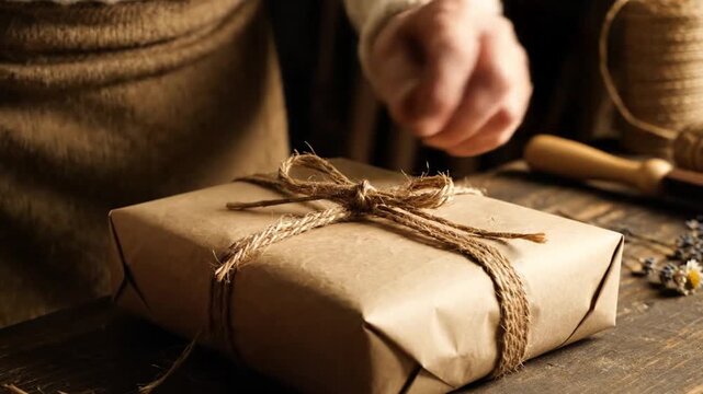 Close-up of hands tying a bow on a gift wrapped in brown paper, preparing a thoughtful present.