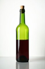 Fototapeta premium Green glass bottle contains red wine. Cork seals the top. Liquid fills half of container. Clean studio background shows reflection. Refreshment concept.