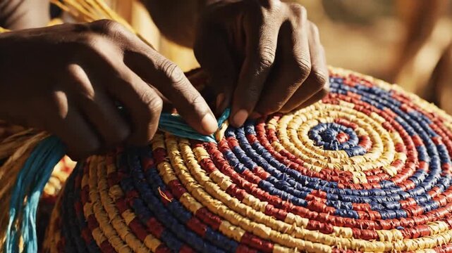 Close-up of hands weaving a colorful basket.