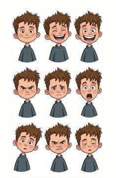 Drawing illustration head shot set of a expressions faces boy with different emotion,