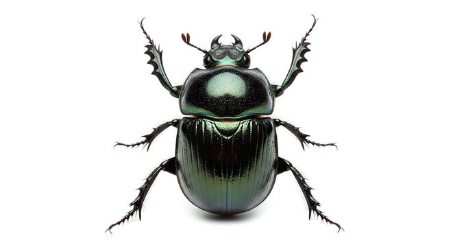 Detailed illustration of a green beetle with shiny exoskeleton and distinct features.