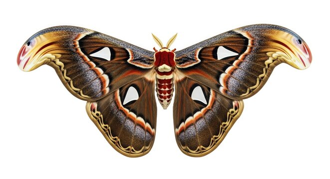 Large brown moth with distinctive markings and patterns on its wings.