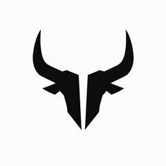 Fototapeta premium Minimalist black bull head silhouette with sharp horns. Geometric bull face design, modern abstract animal symbol. Powerful, strong, aggressive logo concept. Visual graphic for brand identity.