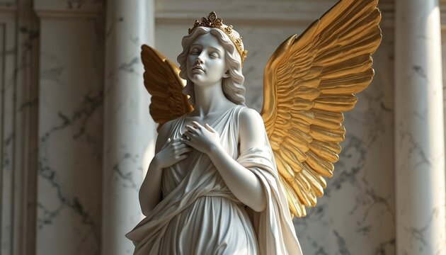 White marble angel statue with gold wings and crown. Serene female figure clasped hands, draped robes, classical architecture background. Religious art, symbol hope, divine.