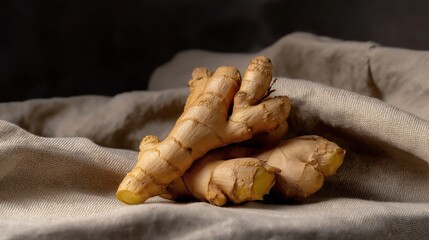 Fresh ginger root on fabric background with natural lighting  
