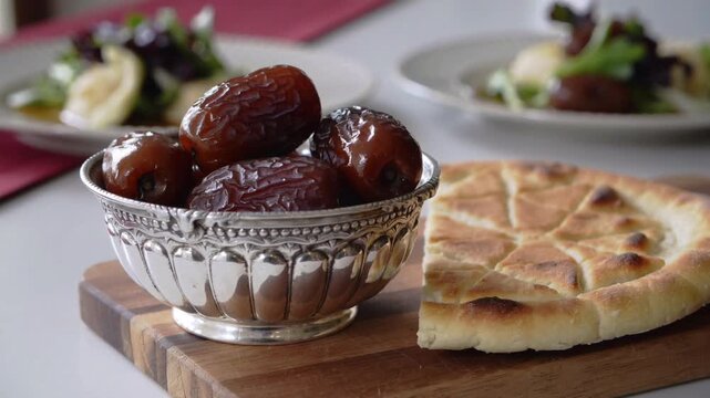 AI animated food scene of traditional Middle Eastern dates in a glass bowl with fresh flatbread on wooden board, minimal restaurant table setting, Ramadan iftar concept, clean cinematic lighting