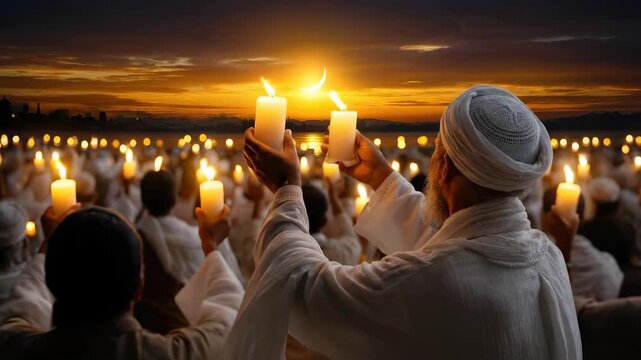 Muslim community observes a sacred Islamic holiday, devoted people holding glowing candles under a serene crescent moon at golden sunset, representing spiritual devotion and unity