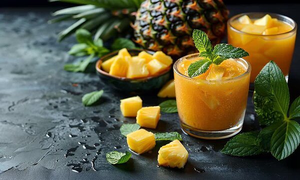 Refreshing mango smoothies garnished with mint leaves on a dark surface surrounded by pineapple chunks and leaves, captured from a close-up viewpoint.