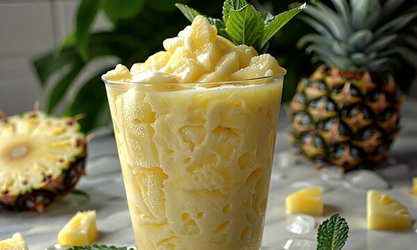 Refreshing pineapple smoothie in a tall glass with whipped cream and mint leaves on a marble countertop with fresh pineapple chunks