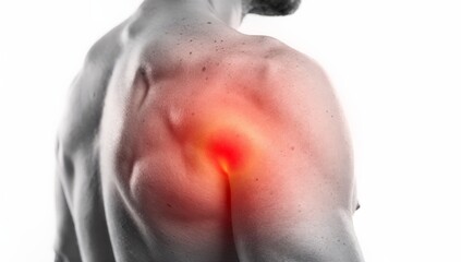 Fototapeta premium Back view of a man's shoulder featuring a localized red glow indicating intense muscle pain highlighting the need for targeted therapy medical innovation and proactive pain management for better welln