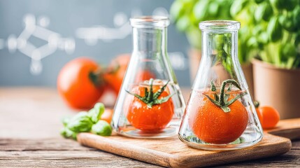 Innovative culinary science kitchen counter featuring beakers, fresh vegetables, and scientific equations for modern gastronomy exploration
