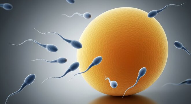 Detailed Illustration of Human Reproduction Sperm Encountering a Beautiful Orange Mature Ovum