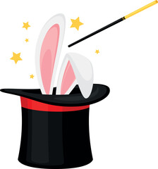Obraz premium Magic trick show icon. Magician wand and bunny ears in cylinder