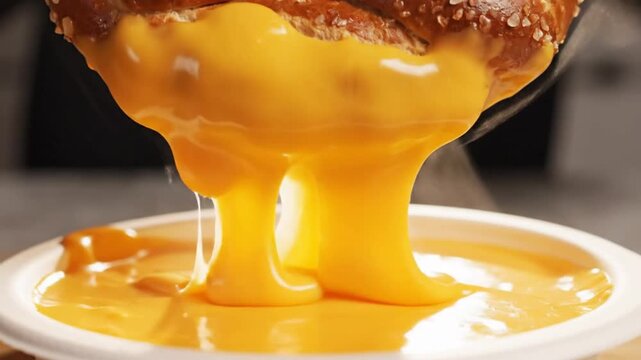 Delicious salted pretzel dipped in creamy, melted cheese sauce showing cheesy pull, close-up shot