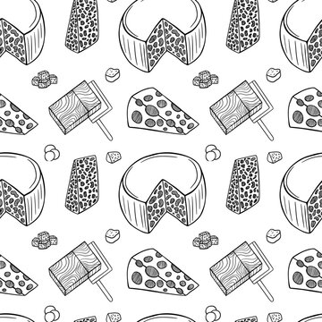 Hand drawn cheese sketch seamless pattern. Different kinds of cheese slices pattern on white background