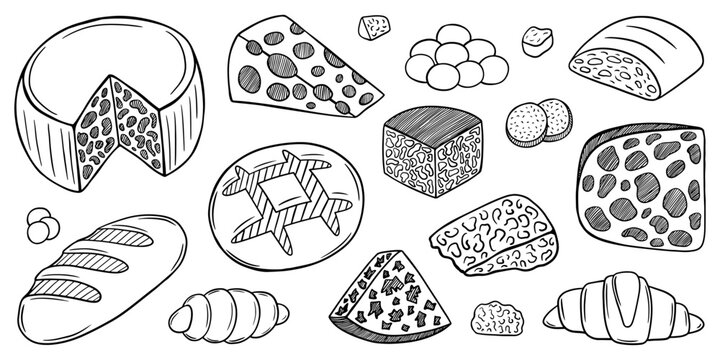 Hand drawn bread and cheese sketch set. Food set with kinds of cheese slices, loaf and bread. Ciabatta, croissant, cheddar, emmental, maasdam, camembert