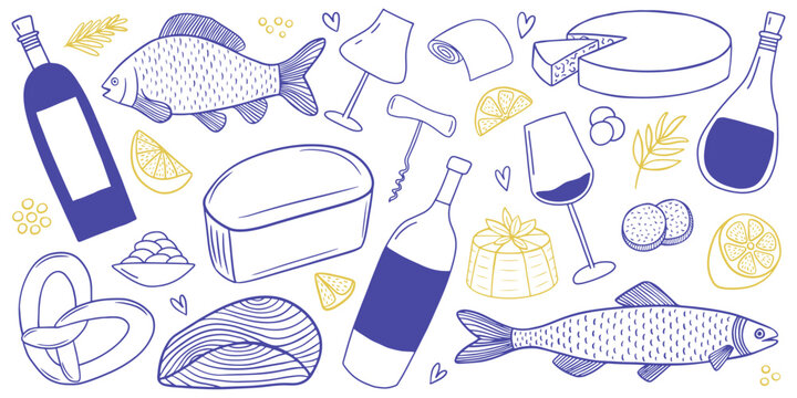 Mediterranean food set. Hand drawn blue and yellow of food dishes. Fish, salmon steak, wine bottles, wineglasses, bread and cheese slices sketch set
