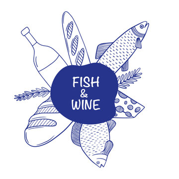 Menu frame with fish, bread and wine sketch. Hand drawn blue menu flyer in white background