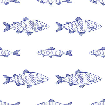 Hand drawn blue sketch of fish pattern. Seamless pattern with salmon sketch. Vector stock illustration