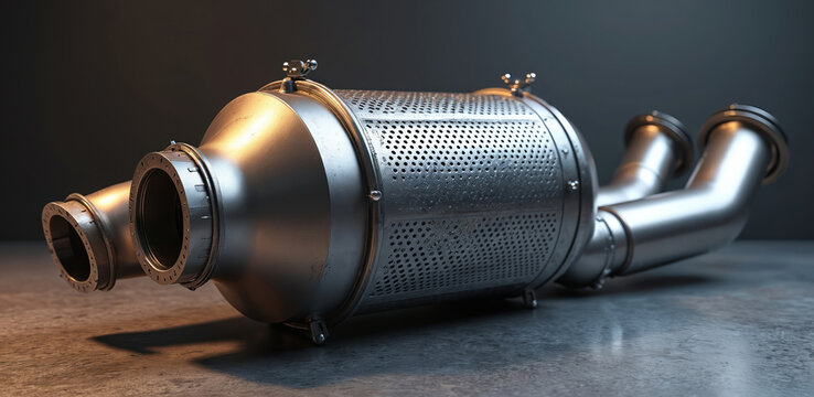 Detailed 3d illustration of diesel particulate filter and catalytic converter. Intricate metal exhaust system components showing internal structure. Realistic industrial object on concrete surface.