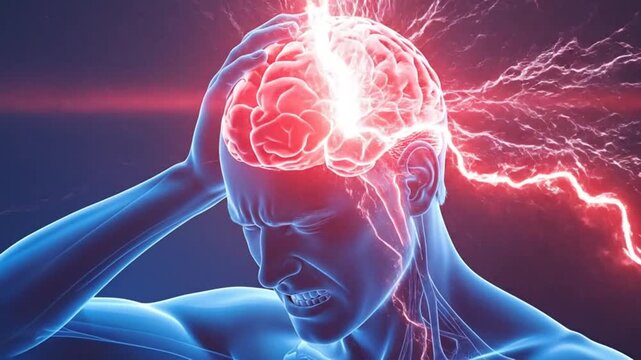 Illustration of a man experiencing severe headache with brain and lightning effects.