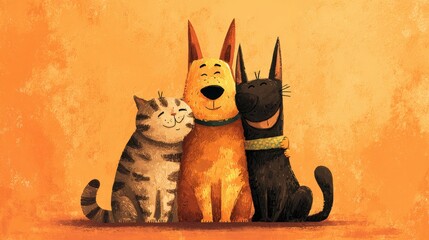 pets friendship illustration, happy vibe