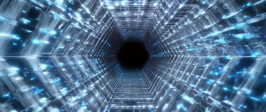 Futuristic glowing data tunnel with hexagonal grid