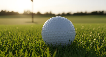Obraz premium Golf ball on a lush green grassy field at sunrise