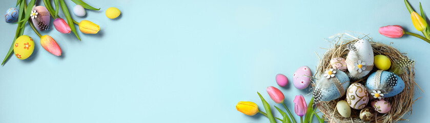 Easter Eggs In A Bird Wicker Nest - Yellow And Pink Tulips Flowers - Spring Season Banner