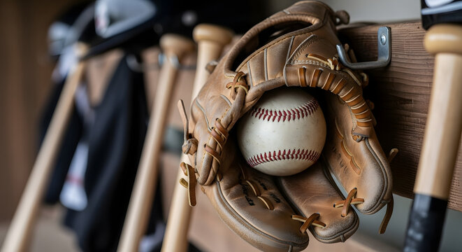 Baseball glove with ball and bats in background