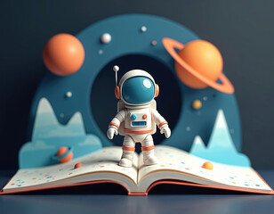 Fototapeta premium Open book with cute cartoon astronaut figure. Colorful space scenery background with planets moons. Childlike imagination exploration theme.