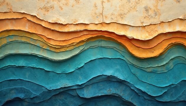 Abstract layered earth strata cross section. Texture shows wavy organic layers in earthy tones. Sand, rock, and deep blue water appear in strata.