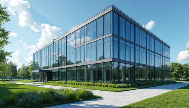 Modern office building with glass facade stands on green lawn. Blue sky with white clouds above reflects in windows. Clean architecture surrounds lush trees, pathway leads to entrance.