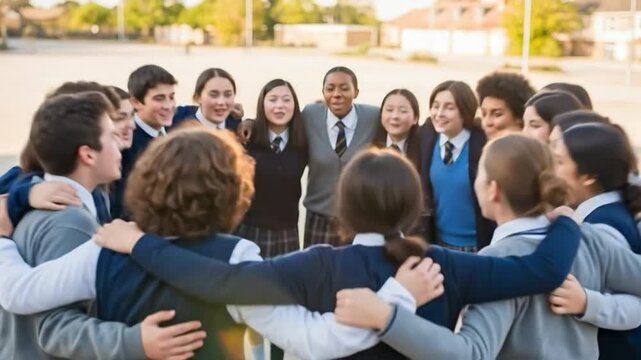 Diverse Group of Happy High School Students in Uniform Standing in a Circle Outdoors, Smiling and Laughing Together in a School Yard