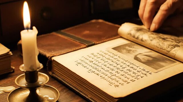 Hands turning pages of an old book by candlelight.