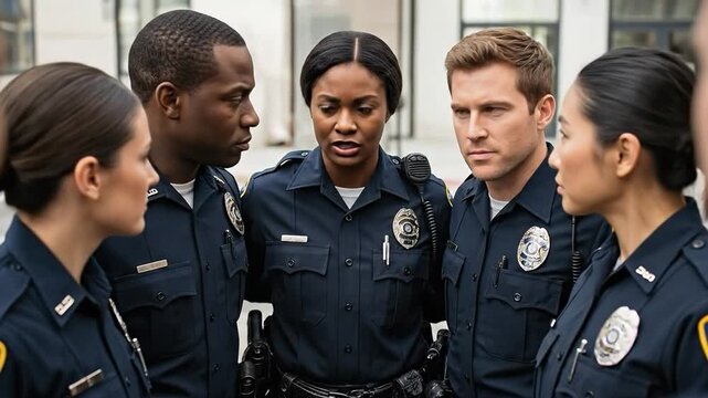 Diverse Group of Male and Female Police Officers in Uniform Standing in a Circle for a Briefing or Meeting Outdoors