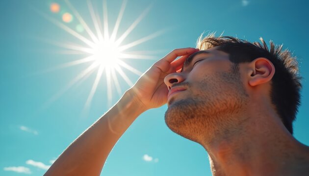 Man wipes sweat from forehead under bright sun. Blue sky, hot summer day. Person feels heat, needs hydration. Outdoor activity causes fatigue. Thirst in warm weather.