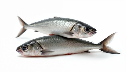 Fototapeta premium Two fresh hilsha fish lie stacked on a clean white surface. Their silver scales gleam, ready for preparation. These raw, uncooked aquatic animals offer a healthy, protein-rich meal.